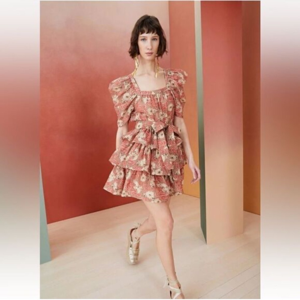Ulla Johnson Elisse Floral Tiered Ruffle Mini Dress Size 00 Rust and Cream